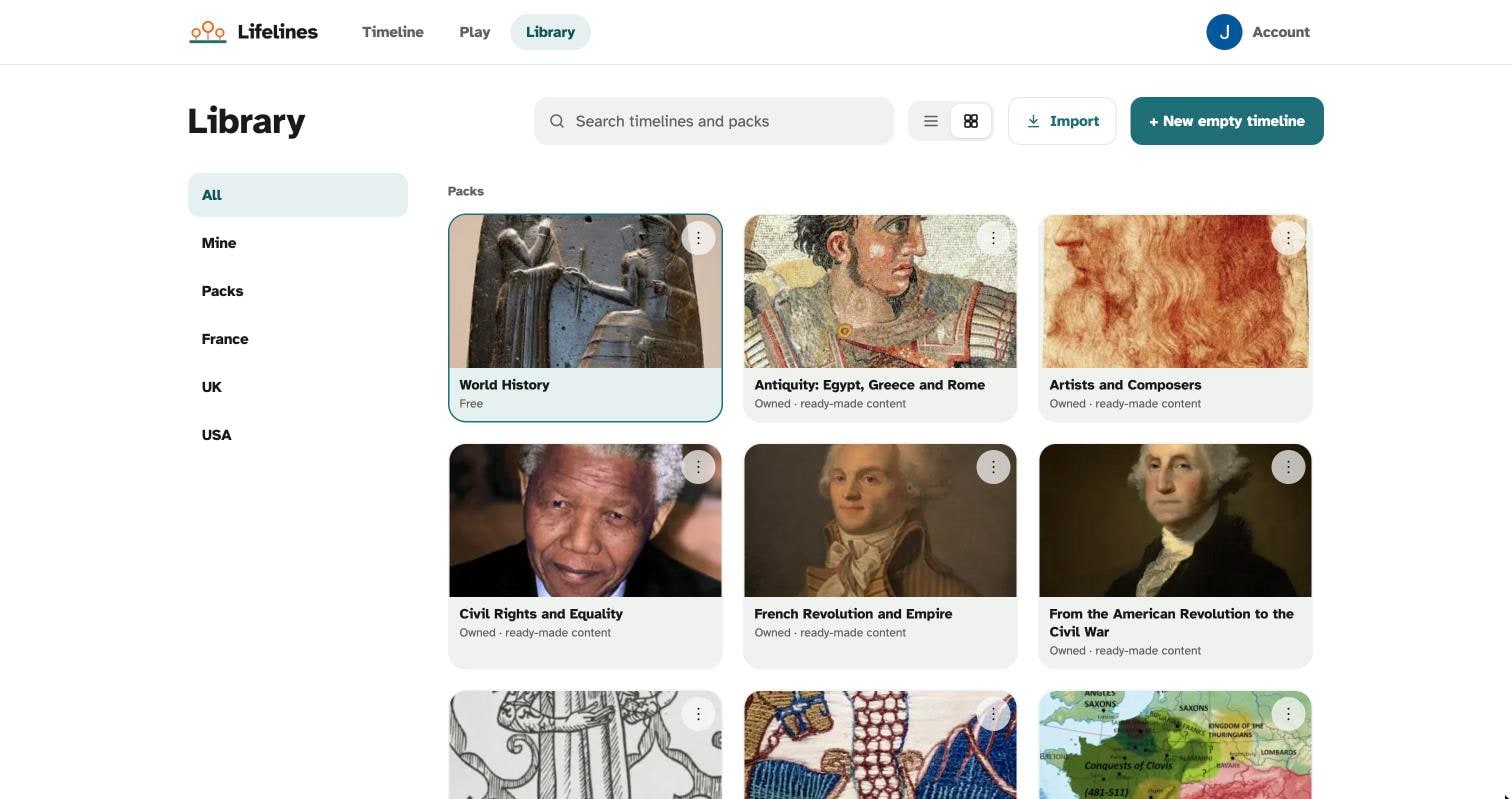 The Lifelines library with ready-made packs: World History, Antiquity, Artists and Composers, Civil Rights, French Revolution, American Revolution